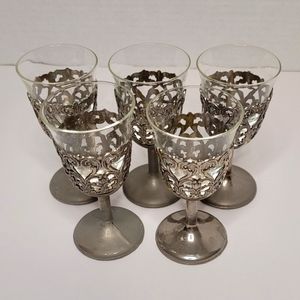 Cordial Glasses Vintage Leonard Japan Silver Plate and Glass Retro Barware